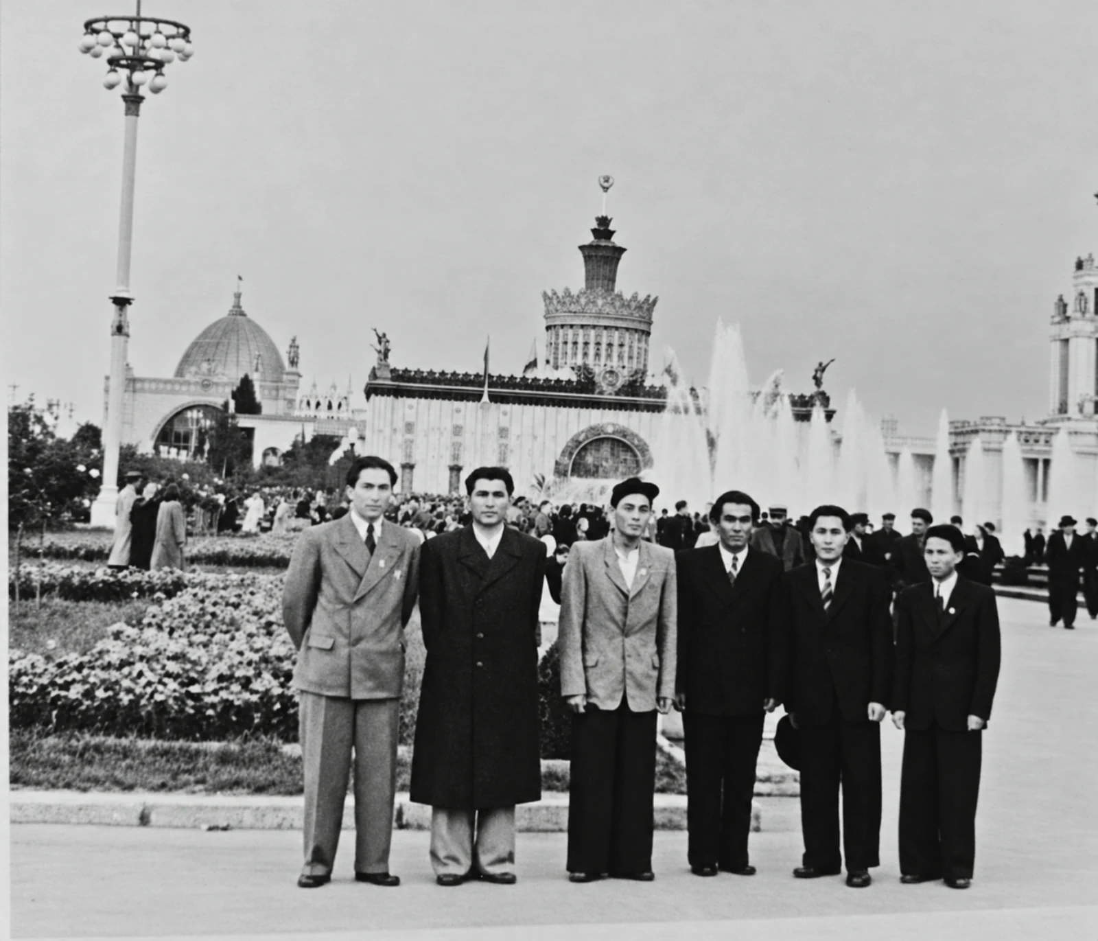 Six men before the fountain and the Main Pavilion, 1954